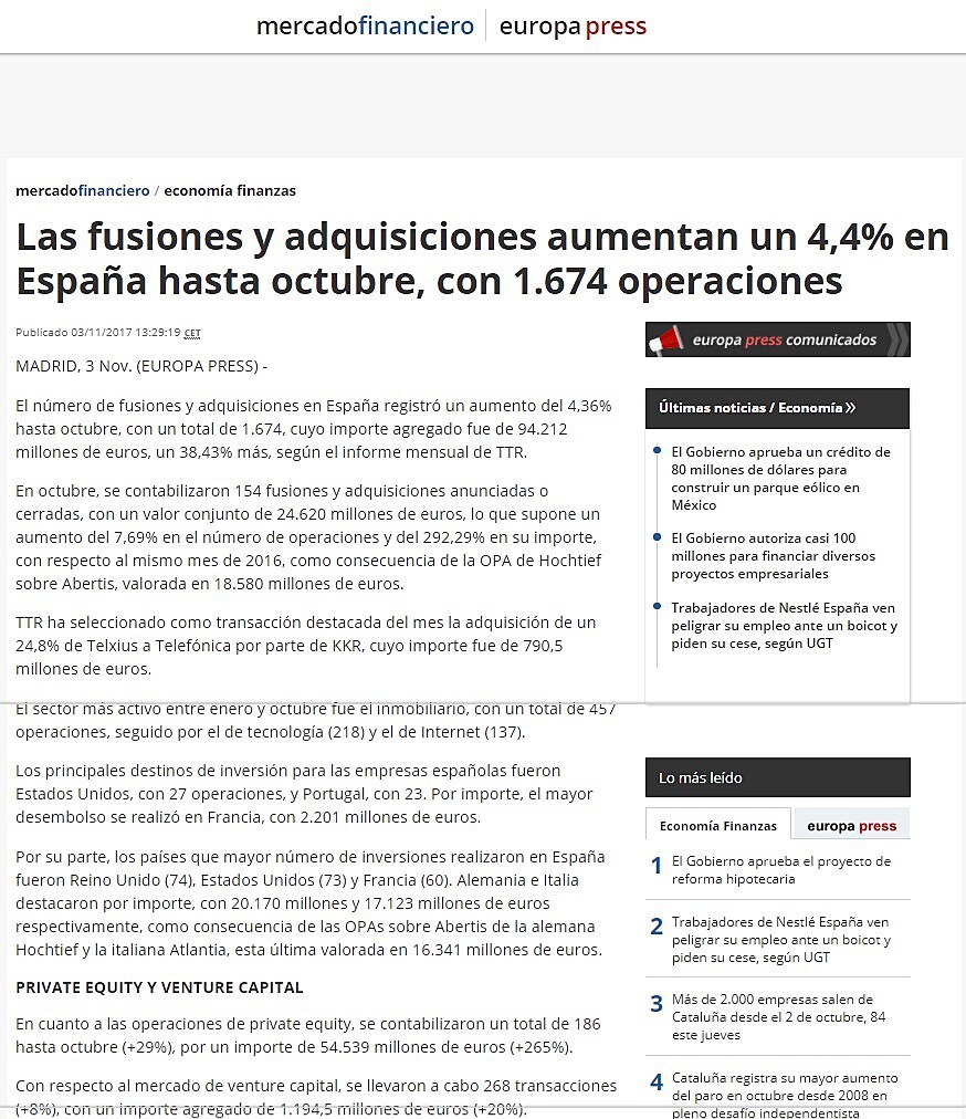 Las fusiones y adquisiciones aumentan un 4,4% en Espaa hasta octubre, con 1.674 operaciones